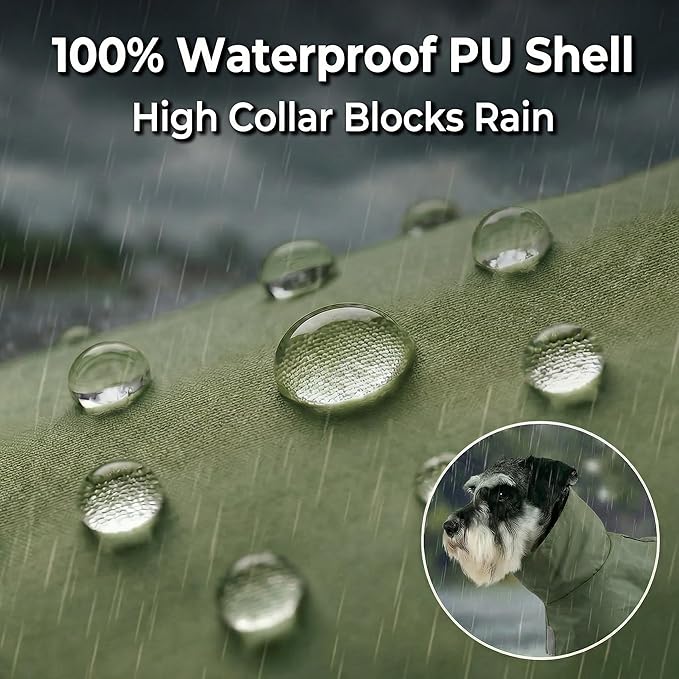 PU Dog Raincoat, Non-Toxic & Odorless Waterproof Vest, Adjustable High Neck and Hook & Loop Belly Closure for Rainy Potty Breaks & Wet Weather Outdoor Walks (Olive Green, XX-Large)