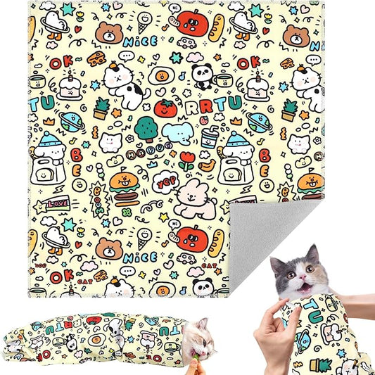 21.7" Cat Grooming Wrap for Cutting Nails, Graffiti Pattern Self-Adherent Fabric Wrap for Cats, Anti-Scratch Anti-Escape Multifunctional Cat Swaddle Tool for Teeth Brushing, Ear Cleaning