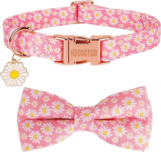 ADOGGYGO Floral Dog Collar with Bowtie, Metal Buckle, Adjustable White Daisy Floral Collars for X-Small Dogs (X-Small)