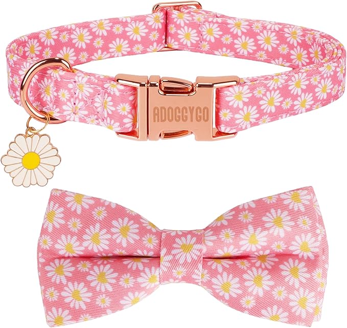 ADOGGYGO Floral Dog Collar with Bowtie, Metal Buckle, Adjustable White Daisy Floral Collars for Medium Dogs (Medium)