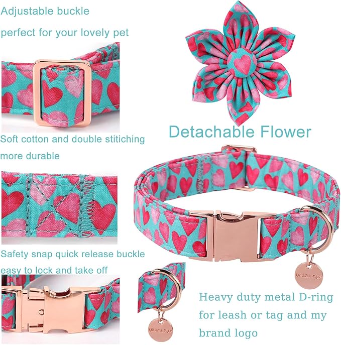 Valentine Dog Collar with Flower, Heart Flower Collar for Puppy Girl Boy Dog or Cat, Comfortable Dog Collar Flower with Durable Metal Buckle, Cute Pet Collar,XL, Neck 16-26in