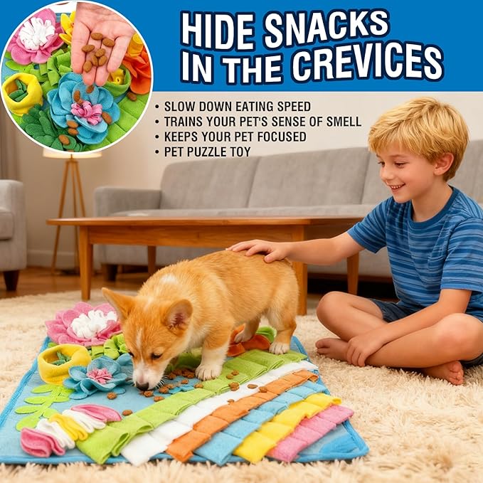 MYLIFESION Snuffle Mat 15.4''×15.4'' for Small & Medium Dogs, Slow Feeding Puzzle Sniff Mat for Cats Rabbits, Mentally Stimulating Scent Training, Portable Durable Pet Food Mat (Lightweight Style)