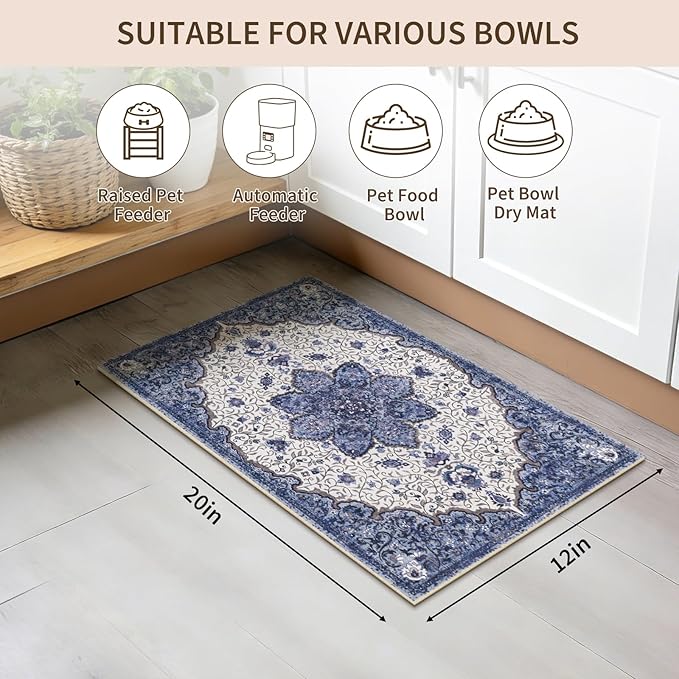 Boho Dog Feeding Mat, Absorbent Cat Matt for Food, Non Slip Pet Water Bowl Placemat Small for Floor, Cream & Dark Blue Indoor Dog Eating Dish Mat 12"x20"