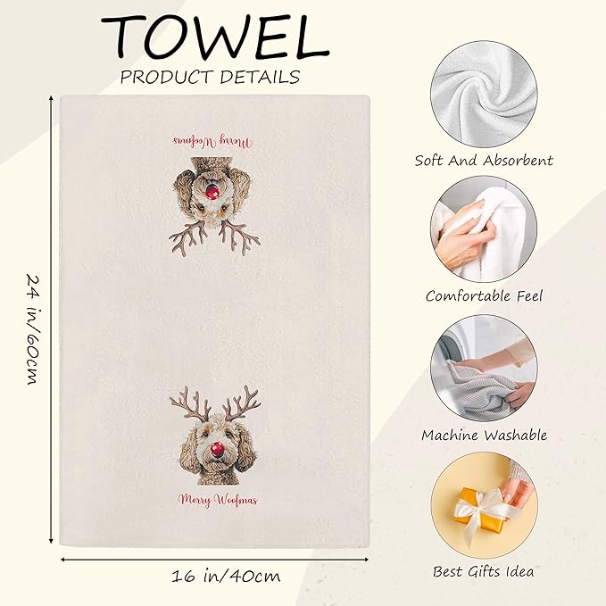 Poodle Teddy Towels Gifts - Christmas Navidad Poodle Teddy Kitchen Decor, Christmas Dog Gifts, Merry Woofmas Xmas Hand Towels Dish Towels for Kitchen Bathroom, 16x24 Inch