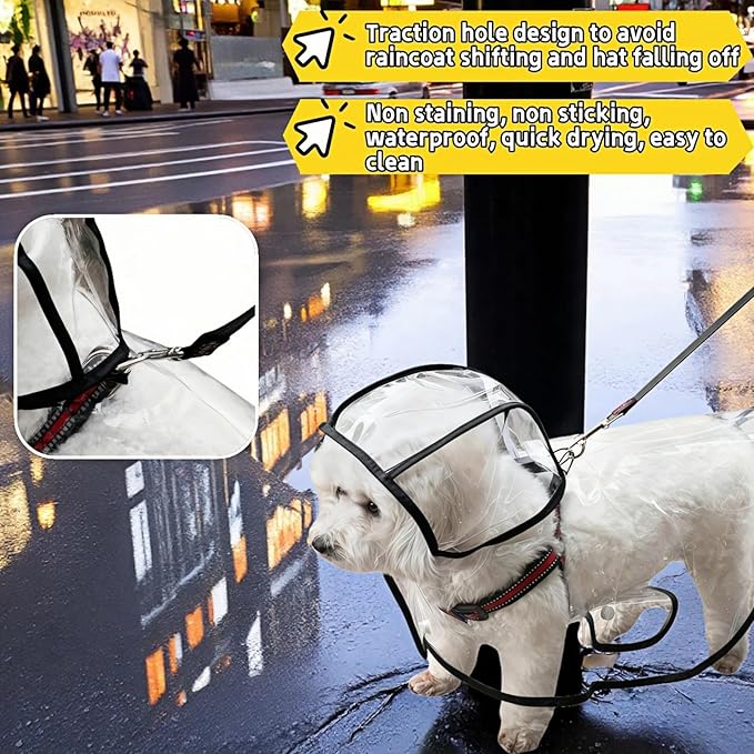 Transparent Dog Rain Poncho for Small Medium Dogs - Thick Waterproof Raincoat with Hidden Leash Hole & Adjustable Snaps, Windproof Hooded Cape for Bichon Poodle (Large)