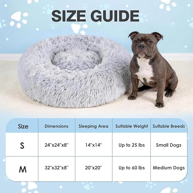 Donut Dog Bed, 31 inches Round Dog Bed with Removable Washable Cover & Foam Filling for Small Medium Dogs and Cats,Cute Pet Bed with Comfort Fluffy Plush Fur & Anti Slip Bottom，Grey