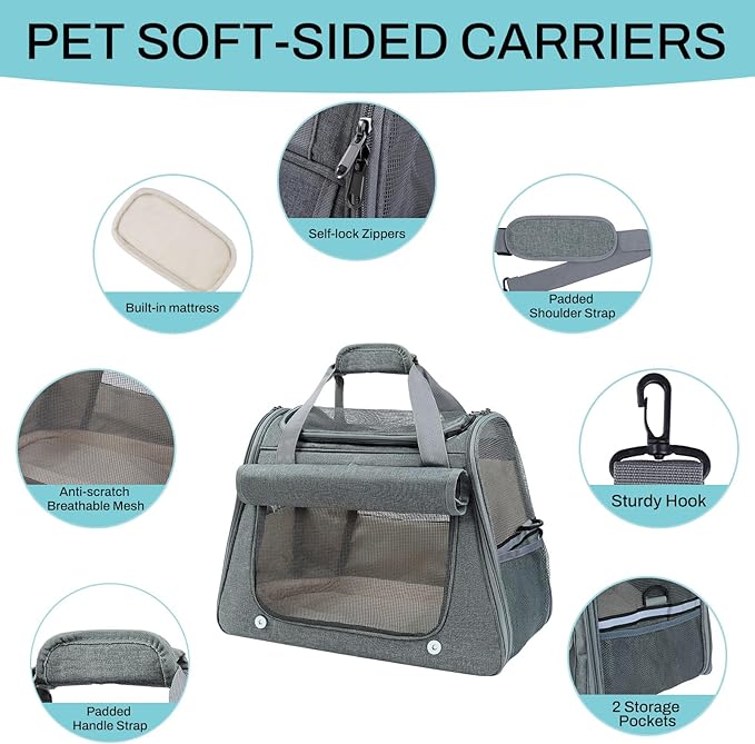 Airline Approved Soft-Sided Pet Carrier for Cats & Small Dogs - Ventilated Travel Bag with Removable Mat, Under 15 lbs, Grey