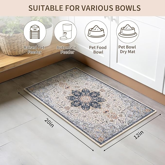 Boho Dog Feeding Mat, Absorbent Cat Matt for Food, Non Slip Pet Water Bowl Placemat Small for Floor, Cream & Blue & Terracotta Indoor Dog Eating Dish Mat 12"x20"