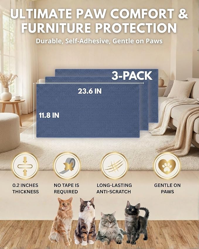 Corner & Wall Cat Scratch Mat, Self-Adhesive Trimmable Cat Scratcher, Wall Mounted Scratching Pad for Indoor Cats, Sofa Furniture Protector, Cat Post Cover Replacement (Blue, 23.6''x11.8'', 3-Pack)