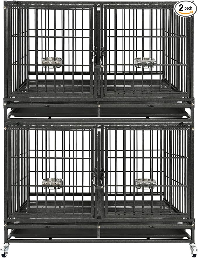 Homey Pet 43 inch Dog Crate Stackable Heavy Duty Dog Kennel Indoor Dog Grooming Cage with Detachable Divider, Removable Tray, Wheels, Feeding Bowls (2 Tiers)