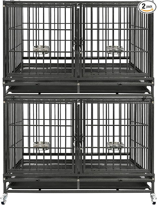 Homey Pet 43 inch Dog Crate Stackable Heavy Duty Dog Kennel Indoor Dog Grooming Cage with Detachable Divider, Removable Tray, Wheels, Feeding Bowls (2 Tiers)