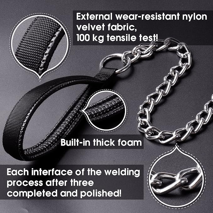 Premium Chain Heavy Duty Dog Leash - Soft Padded Leather Handle Lead - Perfect Basic Leashes Specifically Designed for Over 30KG Large Size Pets Walking (4 ft. x 5.0 mm (60-200 lbs.))