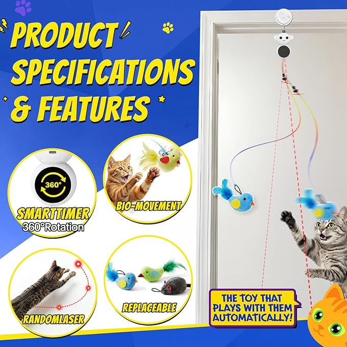 Interactive Cat Toys for Indoor Cats - 2 in 1 Automatic Cat Toy with Flying Bird，Smart Moving Wand Toy with 2 Modes, Doorway Hanging Toys Safe for Bored Kitten & Adult Cats