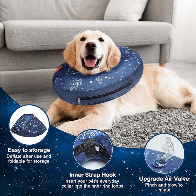 SCENEREAL Dog Cone Alternative After Surgery Donut Collar, Soft Pet Recovery Pillow Collar for Medium Large Dogs, Inflatable Adjustable Neck Collars to Prevent Licking, Planet Print E-Collars L