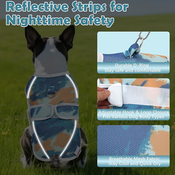 Dog Cooling Vest – Lightweight Pet Cooling Shirt 3D Breathable Mesh, Reflective Strips & UV Protection for Walking, Hiking, Park – Adjustable Fit Dog Cooler Jacket with D-Ring U-DCV02XL