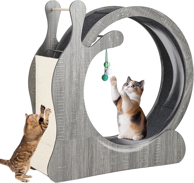 Cat Exercise Wheel,45" Wooden Cat Treadmill with TPE Silent Rollers, Indoor Running Wheel with Interactive Toys, Sisal Scratching Pad & Storage Shelf, Safe Narrow Gap for Large Cats