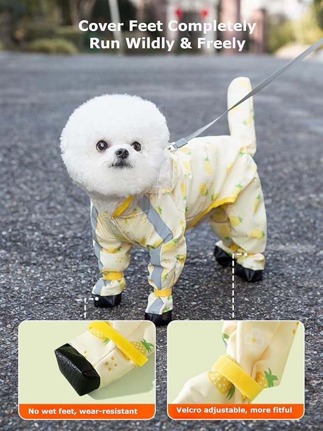 Waterproof Dog Raincoat,Full Coverage 4 Legs Dog Rain Jacket for Small Dogs,Pet Rain Coat with Hood,Reflective Strips&Leash Hole Outdoor Raincoat (Large（for Weight 8.8-11 lb）, Pineapple)