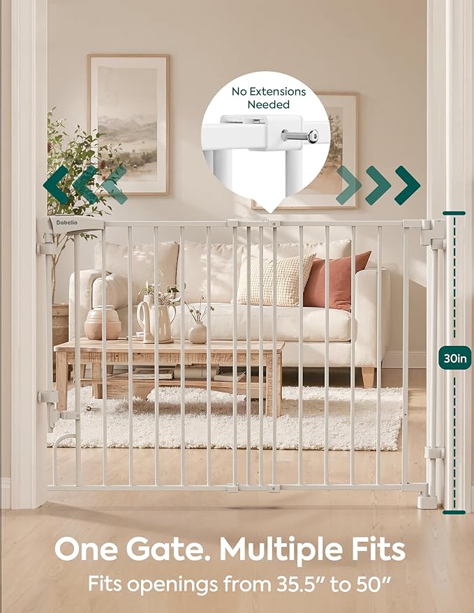 Babelio Removable & No Bottom Bar Baby Gate, 35.5-55" Hardware Mounted (Drill Needed)| Wide Walk-Thru| Auto-Close Safety Dog/Pet Gate for Stairs & Doorways (White, 35.5-55" W, 30" H)