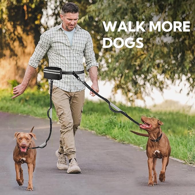 Hands Free Dog Leash with Pouch, Double Leash for Two Dogs, Retractable Bungee with Double Padded Handles, Dog Waist for Dog Walking,Dog Walking Accessories,Black Grey
