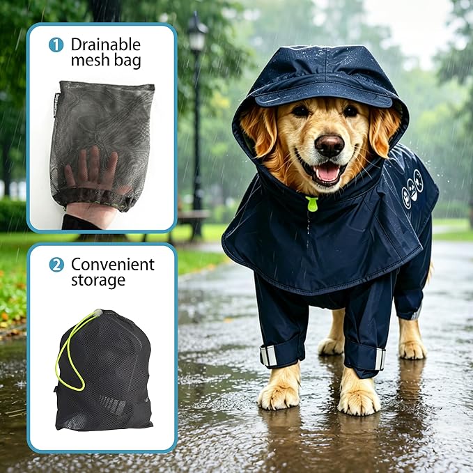 Dog Raincoat, Full-Body Hooded All-Weather Jacket, Waterproof and Windproof with Reflective Strips, Suitable for Large Dogs, XL