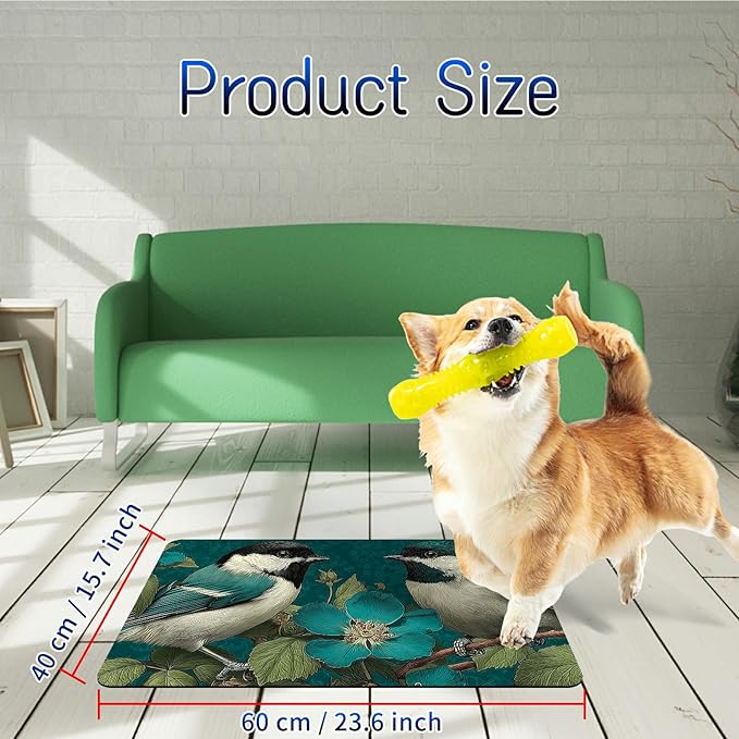 Dog Food Mat, 15.7" x 23.6" Absorbent Pet Feeding Mat for Food and Water, Waterproof Diatom Mud Pet Placemat with Non-Slip Rubber Backing, Cat Bowl Mat for Floors - Green Hummingbird Flower