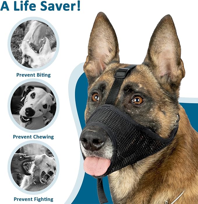LUCKYPAW Dog Muzzle, Mesh Muzzle for Large Medium Small Dogs, Soft Mouth Guard to Prevent Biting Chewing with Adjustable Head Strap, Perfect for Vet Visit(Black, XL)