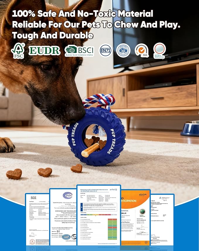 Deeow Dog Tire Toy-2026 Upgraded, Treat Dispensing Chew Toy for Teething Clean & Dental Care, Natural Rubber Enrichment Dog Toys for Boredom Relieve, Interactive Tug-of-War Slow Feeder Pet Toys-Blue
