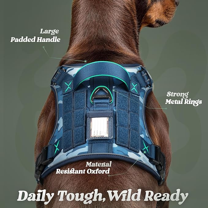 rabbitgoo Dog Harness for Large Dogs No Pull, Tactical Service Pet Vest with Molle and Control Handle, Adjustable and Reflective Military Harness for Easy Walking and Training, Blue Camo, L