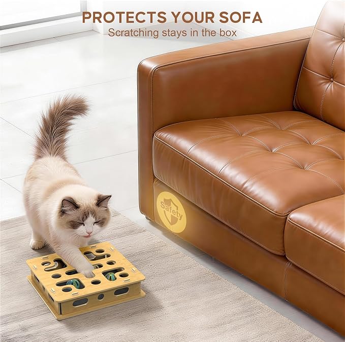 Cat Nail File Box with 3 Sandpaper Pads & 4 Bell Balls, EIODEAR Sturdy Wood Self-Grooming Scratcher for Treat-Motivated Cats, Interactive Cat Scratch Puzzle Enrichment Box with Silicone Security Rings
