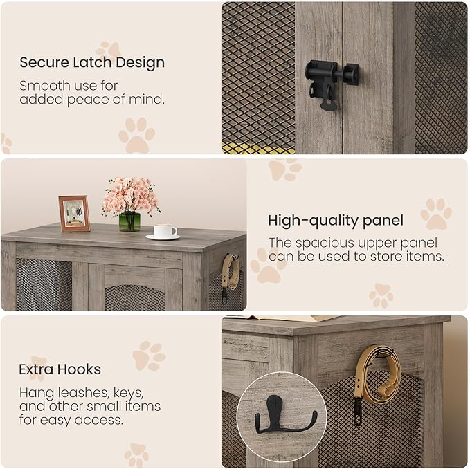 CHOEZON Wooden 30.1" Dog Crate Furniture, Farmhouse Pet Cage End Table with Secure Lock, Ventilated Mesh for Medium Dogs, Dog Kennel Furniture for Living Room, Bedroom, Greige MGW02FH