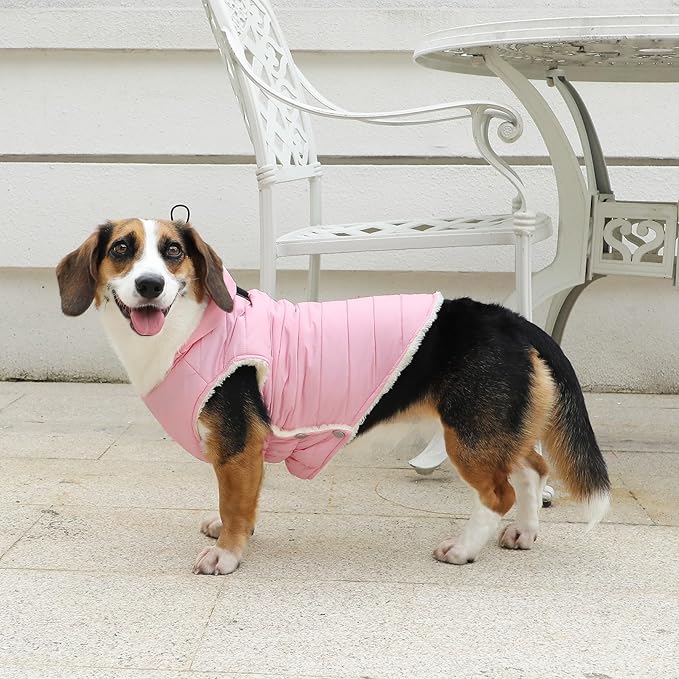 Vecomfy Fleece Lining Dog Hoodie with Harness Built in,Extra Warm Medium Dog Jacket in Winter Doggie Coats with Drawstring Hooded,Light Pink L