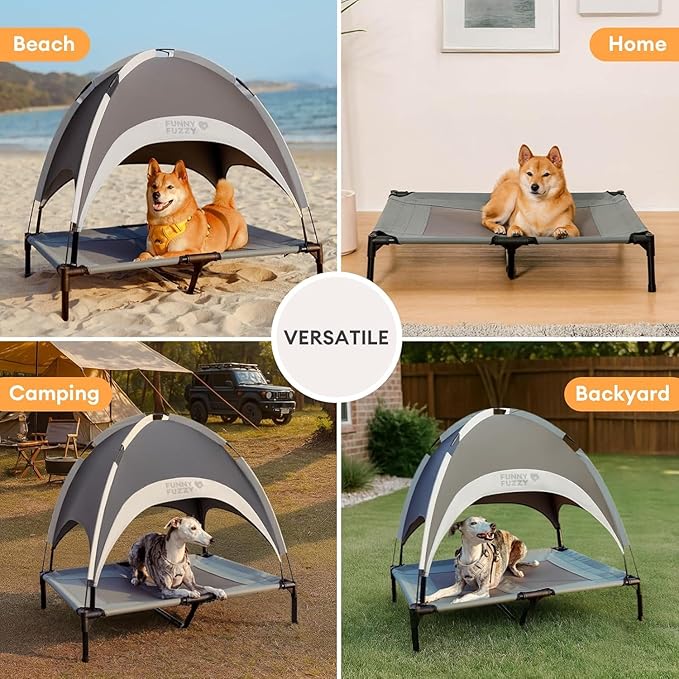 FUNNY FUZZY Elevated Dog Bed with Canopy for Small Dogs, 24"x18"x7" Cooling Outdoor Pet Cot with UV Protection, Breathable Mesh for Cooling, Indoor & Outdoor Use for Dogs, Grey