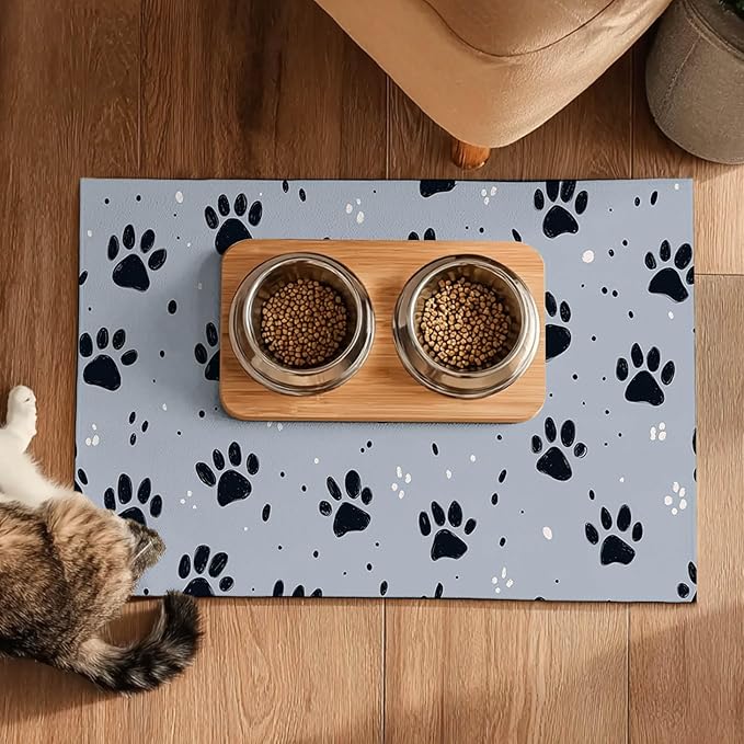 HOMETITUTE 24x16 inch Non Slip Pet Food Mat Cat Bowl Placemat for Food and Water Small Dog Bowl Mats Cat Food Mat Easy to Clean Feeding Mat for Small Pets Paw Print Design