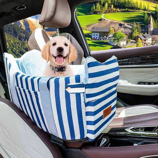 Console Dog Car Seat - Portable Dogs Armrest Booster Seat for Small Dog, Anti-Collapse Pet Car Seat with Soft Cushion Safety Belt, Support Pet Up to 15lbs (Blue& White Stripes)