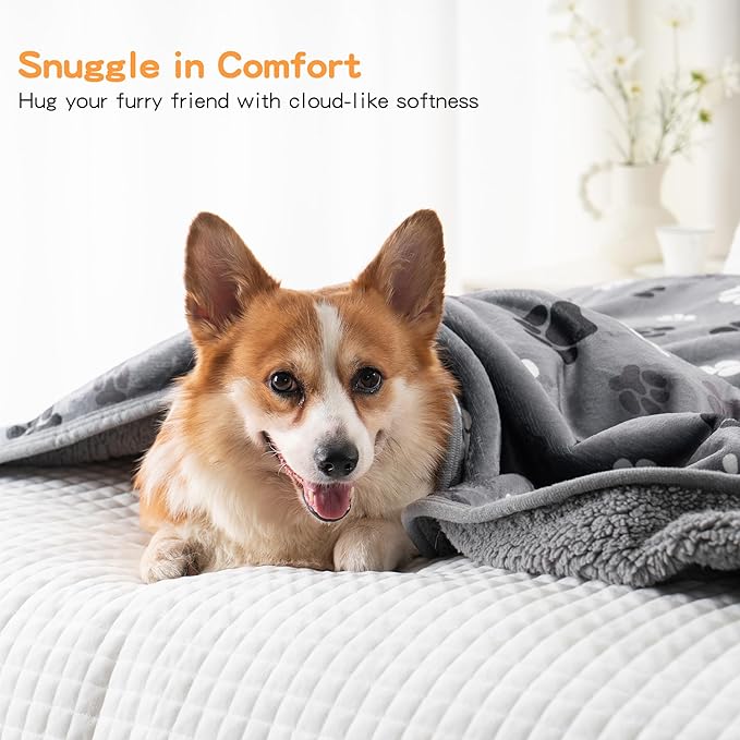 Waterproof Dog Blankets Pet Blanket, 30"x40" Cat Blanket for Indoor Cats, Soft Fluffy Sofa Car Bed Protector, Reversible Sherpa Fleece Puppy Blanket for Small Medium Dogs(Dark Grey-Paws)