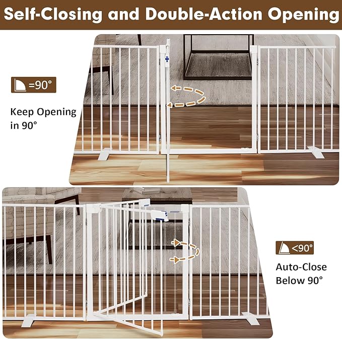 156" Extra Wide Dog Gate, Heavy Duty Metal Freestanding Dog Gate with Door for Indoor & Outdoor, Foldable Pet Fence for Doorways,House,Porch,Deck,Yard,Stairs, Auto Close(6 Panels,White)