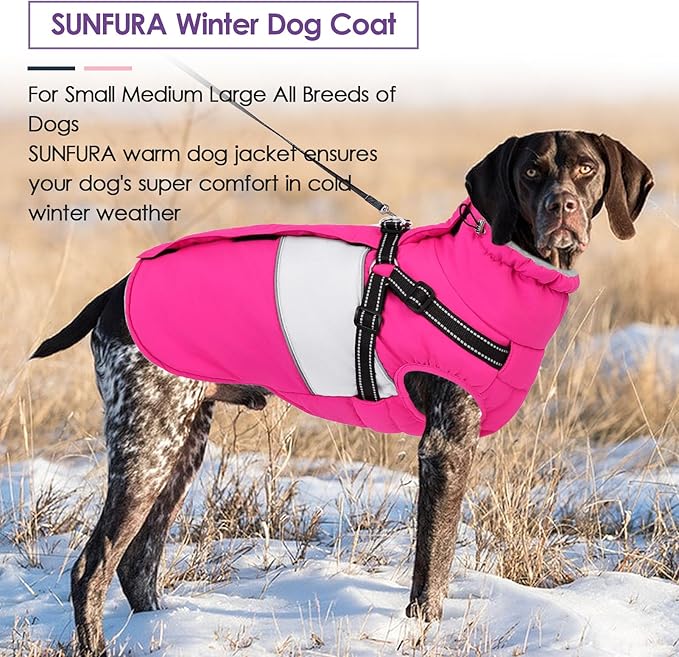 Small Dog Coat with Harness Built in, Warm Dog Jacket Winter with Zipper On Back, Waterproof Pet Snow Jacket Snowsuit Pet Sweater Clothes for Schnauzer, Yorkshire Terrier, Hot Pink S