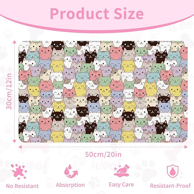 Cat Food Mat, Absorbent Pet Feeding Mat for Dog & Cat Food and Water Bowl, Non-Slip Quick Dry Pet Placemat Floor Protector for Messy Drinkers(12 x 20in)