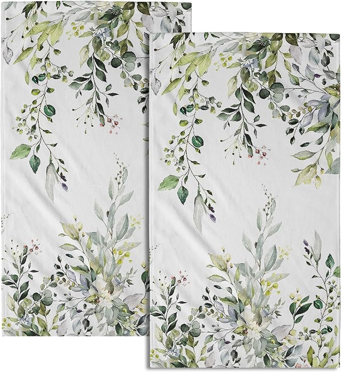 Giwawa Green Eucalyptus Hand Towels Set of 2 Sage Leaves Soft Absorbent Small Bath Towel Kitchen Dish Guest Towel for Bathroom Hotel Gym Spa