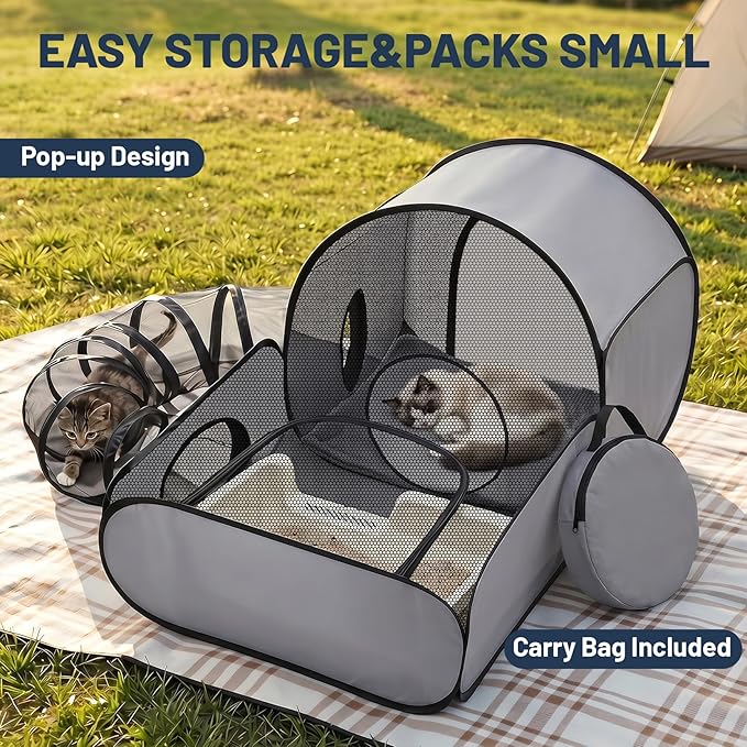 Tailtastic Dog Playpen with Surround Tunnel, Outdoor/Indoor Cat Playpen with Breathable Soft Sides，Tailtastic Cat Enclosure Tent for Small Animals, Portable Cat Tent with Carry Bag (Large)