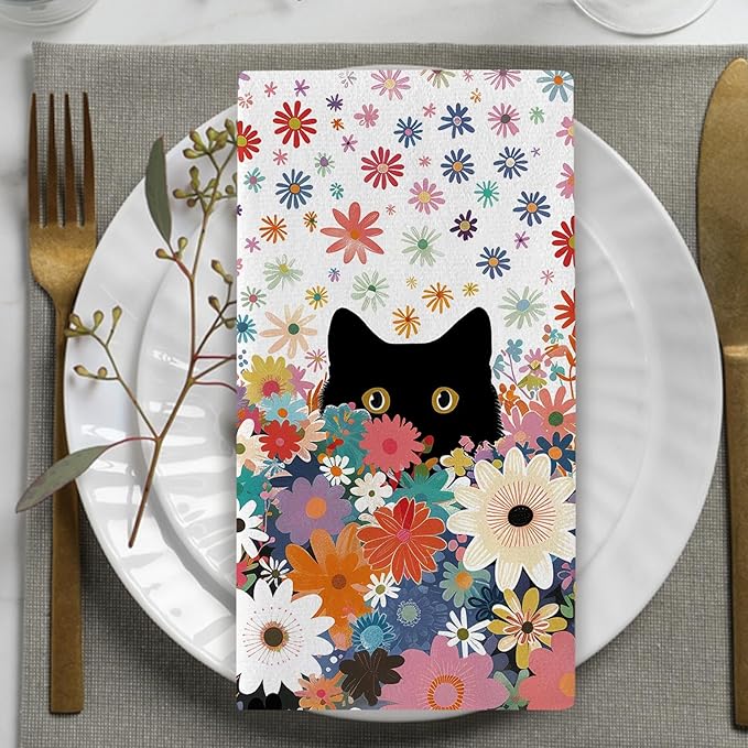 Black Cat Floral Kitchen Dish Towels Set of 2, Spring Summer Colorful Flower Drying Hand Towel Baking Cooking Cloth, Wildflower Bathroom Home Decoration Pet Cat Owner Lover Gifts 18'' x 26''