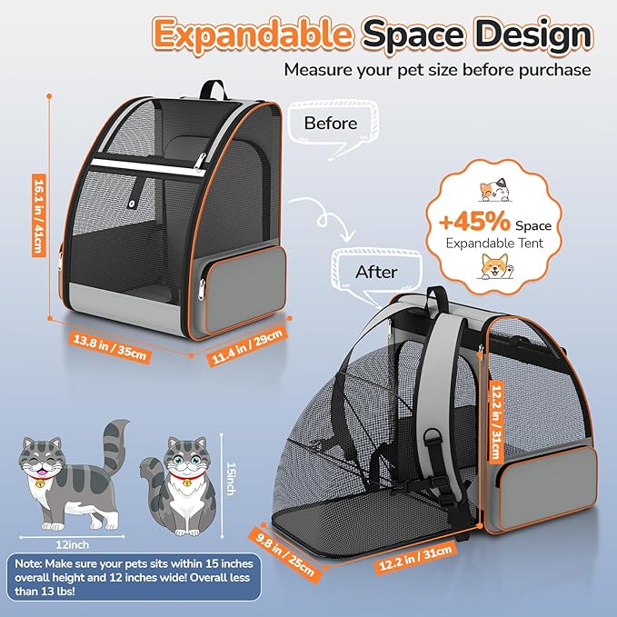 Cat Backpack Carrier Expandable for Outdoor - Foldable Cat Backpack with Breathable Mesh for Small Dog Puppy Kitten Up to 15 lbs - Soft Sided Pet Carrier for Travel Hiking Camping (Gray)