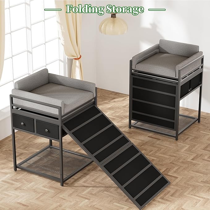 kepptory Dog Window Perch with Stairs and Storage, Bunk Dog Bed with Folding Pet Ramp for Dogs Cats, Pet Sofa Chair with Pet Stairs Ramp for Office