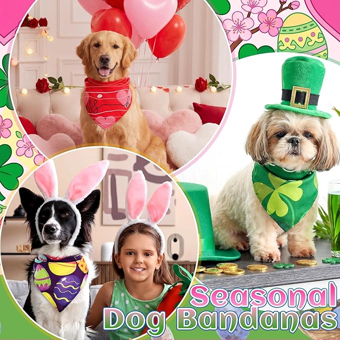 Huhumy 100 Pcs Easter Seasonal Dog Bandanas Easter Valentines Day St. Patrick's Day Theme Pet Bandanas Bulk Holiday Triangle Pet Bibs Scarf for Medium Large Dog Spring Festival Costume Decor