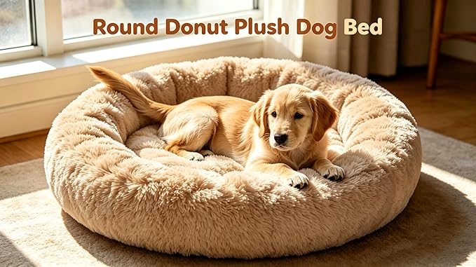 Calming Extra Large Donut Dog Bed, Anti-Anxiety Round Soft Fluffy Plush Faux Fur Washable Anti-Slip Pet Bed for Medium Dogs Up to 45 lbs 32in (Camel)