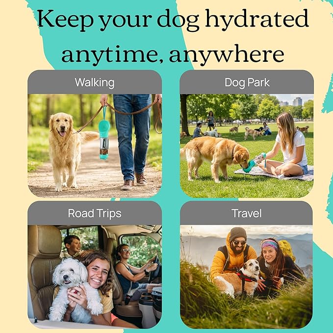 4 in 1 Dog Water Bottle Portable, Leakproof Travel Pet Water Bottle with Bowl, Poop Bag Holder & Shovel, Hydration on the go for Dogs, Dog Travel Accessories for Walking, Hiking, Outdoor, 10oz