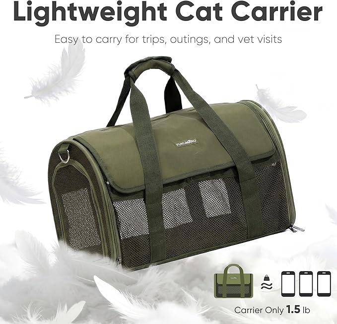 FUKUMARU Cat Carrier, Light & Airy Pet Carrier, 18x11x11 Airline Approved Dog Carrier for Small Dogs, Collapsible Soft Cat Travel Carrier with Anti-Scratch Mesh, Green