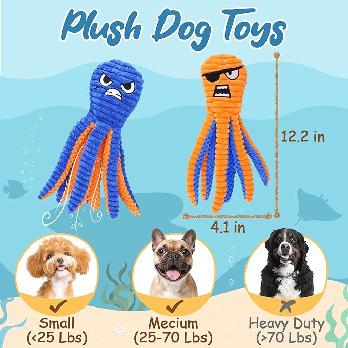 Zeaxuie Interactive Dog Toys for Chewers, 2 Pack No Stuffing Dog Toys for Teething, Squeaky Chew Toy to Keep Them Busy for Small and Medium Breed, Crinkle Octopus