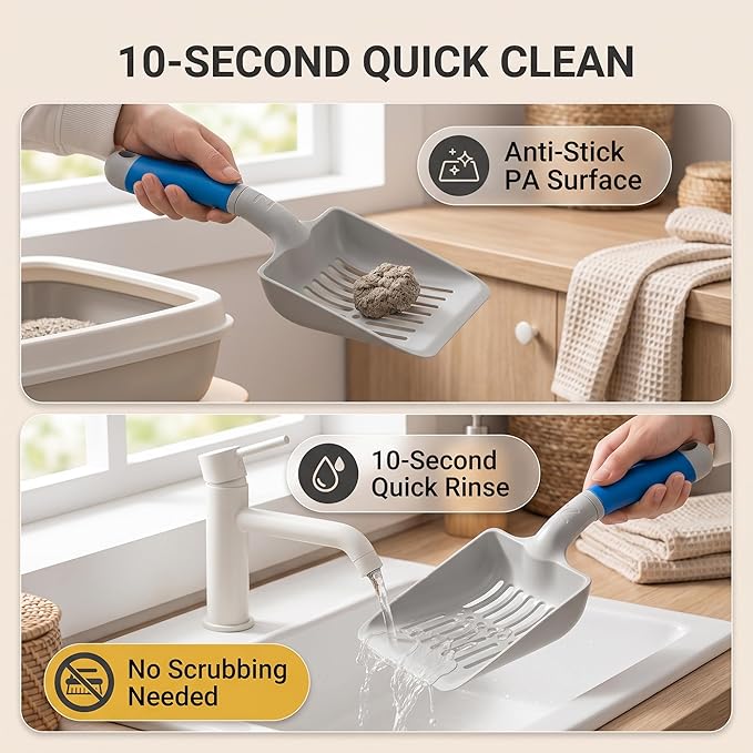Li&Zhao Cat Litter Scoop - Plastic Cat Scooper for Litter Box with Ergonomic Silicone Handle, Comfortable Cat Poop Scooper for Easy Clean Kitty Poop Lifter Tool (Blue)