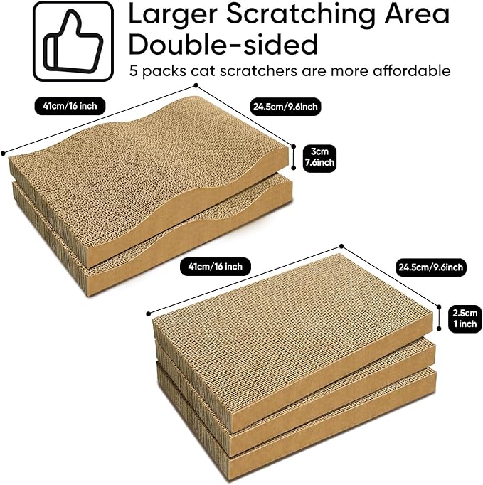 5 Packs Cat Scratcher Set with Storage Box, 2 Wave Lounge Pads + 3 Flat Corrugated Cardboard Scratch Pads for Indoor Cats, Replaceable Scratch Boards to Protect Furniture